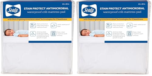 Image of Sealy Baby Stain Protect Antimicrobial Fitted Waterproof Infant Crib Mattress Protector Pad and Toddler Bed Cover, Durable and Comfortable Topper, Machine Washable & Dryer Friendly, 52 inch x 28 inch- White