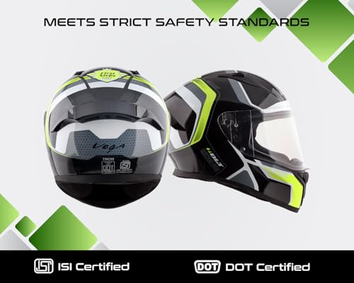 Image of Vega Bolt Tron Full Face Motorcycle Helmet with ISI Certification, Dual Visor, Aerodynamic ABS Shell, Shock Absorbing Liner, Lightweight Build, and Trendy Black Neon Yellow Finish Black Neon Yellow-M