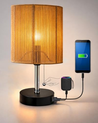 Image of Homesake Bedside Lamp for Bedroom Nightstand Table Light with USB A | C Charging Port, Desk Lamp, Pull Chain Light, Side Table Desk Reading Lamp, Living Room Gift, (Raffia Cane)