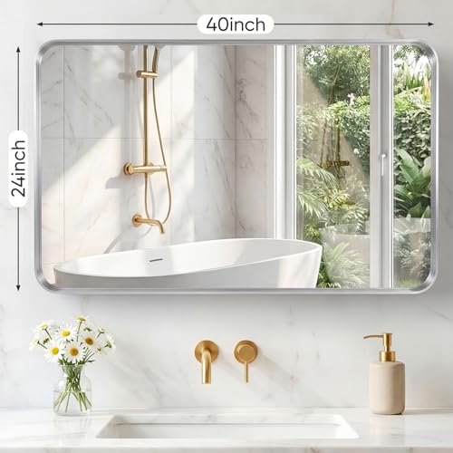 Image of Sweetcrispy Bathroom Mirror 40x24 Inch Metal Framed Rounded Rectangle Vanity Mirror for Wall, Over Sink, Farmhouse, Restroom, Anti-Rust, Modern Decorative, Horizontal or Vertical Hanging, Silver