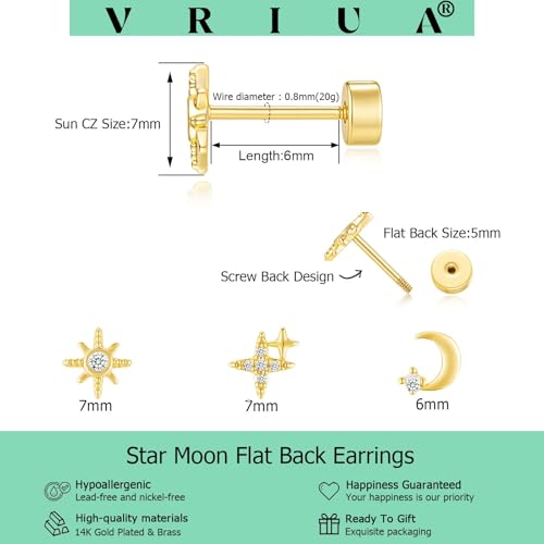VRIUA Tiny Flat Back Earrings for Women - 14K Gold/Silver Plated Small Flat Back Stud Earrings Hypoallergenic Cartilage Helix Piercing Jewelry4