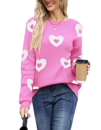 Image of Womens Cute Heart Sweater Crew Neck Long Sleeve Pullover Valentines Sweater