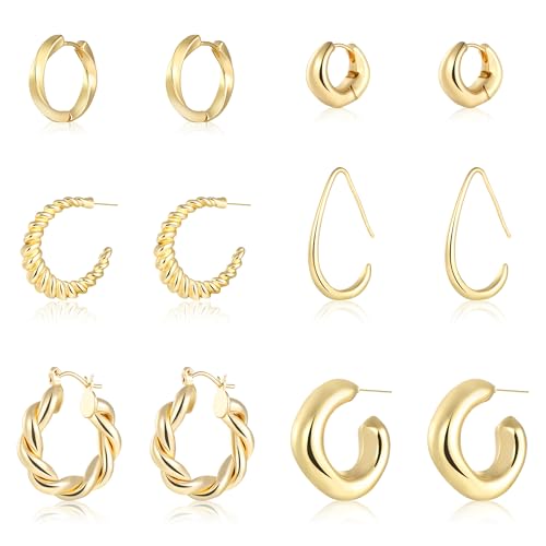 wgoud 6 Pairs Gold Hoop Earrings for Women,14K Gold Plated Lightweight Chunky Open Teardrop Hoops for Women,Trendy Gold-tone Twisted Huggie Hoop Earrings (6Prs Gold Hoops)