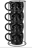 Halloween Gothic Skull Coffee Mugs Set with Metal Stand, Black Ceramic Stoneware, 4 Piece Stackable Halloween Cups Iron Rack, Kitchen Decor Holiday Seasonal