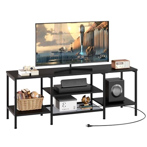 Image of HOOBRO TV Stand with Power Outlets to 65 Inches, TV Console Table with Open Storage Shelves, Industrial Media Entertainment Center for Living Room Bedroom, Black BB40DS01