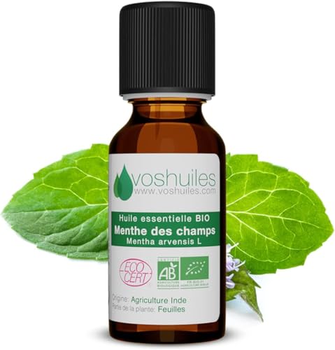 VOSHUILES - Huile Essentielle Menthe des Champs 10ml - 100% Pure et Naturelle - BIO - HEBBD et ECOCERT - Nombreuses Vertus et Applications - Aromathérapie- Diffusion