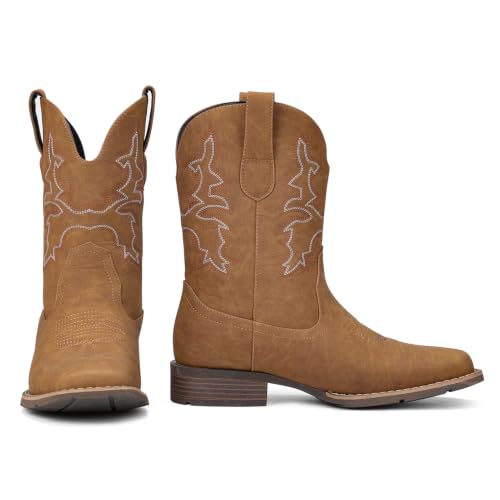Image of Suokdil Cowboy Boots for Men - Men's Western Boots with Embroidery, Slip Resistant Square Toe Chunky Heel, Durable and Fashionable Retro Classic Footwear for Spring and Fall