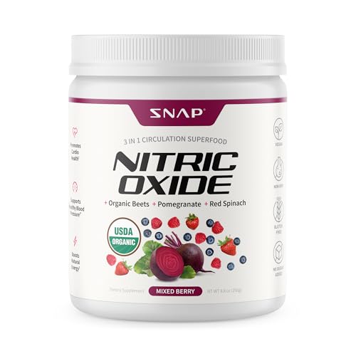 Snap Supplements Organic Beet Root Nitric Oxide Powder - Supports Energy and Healthy Circulation, 8.8 oz (30 Servings, 1 Month Supply), Mixed Berry