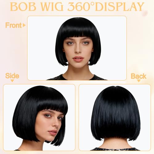 Image of MEEZY 2 Pcs Neon Bob Wigs with Bangs Black Blonde for Women, Colorful Fun Wig Short Bob Hair with Heart Sunglasses Hair Cap for Halloween Costume Cosplay Photography Birthday Bachelorette Party