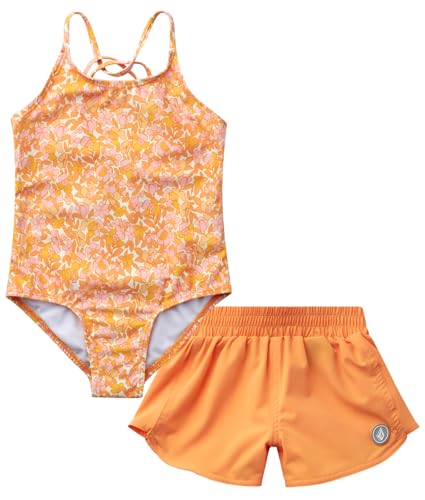 Volcom Girls' Swimsuit Set - UPF50+ Quick-Dry Girls One Piece Swimsuits with Matching Swim Shorts for Swimming (Sizes: 2T-16)