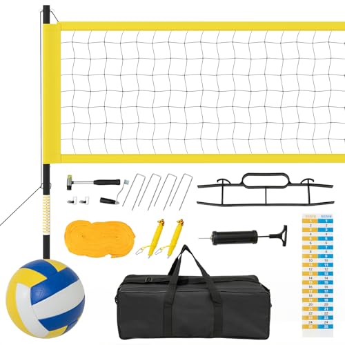 GOPLUS Red de Voleibol Ajustable en Altura, Kit Completo de Voleibol con Postes Metálicos, Balón, Bolsa de Transporte, Red de Vóleibol Profesional para Playa, 9,75 m x 0,9 m (Negro+Amarillo)