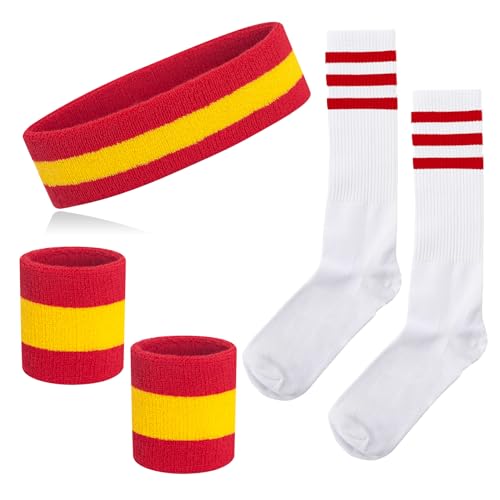 NANXJIUR Sweatband Striped Sock Set for Men Women Sweatband Headband High Sports 80s Party Costumes Theme Accessories Sports Headband Wristbands High Tube Socks (Red/Yellow/Red)