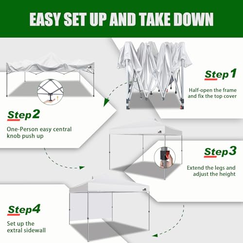 Image of Eurmax USA NOMATTER ONE-Person Open&Close 10x10ft Pop Up Canopy Tent,Portable Shelter Canopy for Outdoor Events with 1 Removable Sidewall,Instant Canopies,Bonus 4 Sand Bags(White)