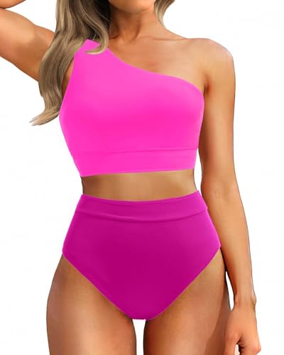 Image of Holipick Women One Shoulder High Waisted Bikini Sets Two Piece Swimsuit Tummy Control Bathing Suit Full Coverage Swimwear
