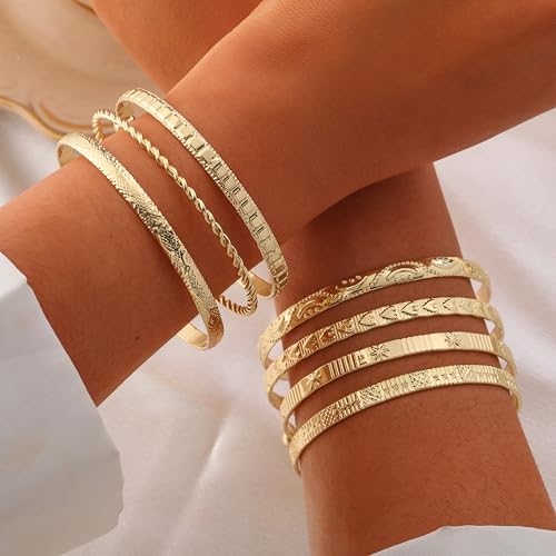 Fashion 18K Gold Plated Bangle Bracelets for Women Multi Layer Charm Indian Cuff Bracelet Stack Elegance Non Tarnish Minimalist Textured Adjustable Bracelet Set for Women Jewelry Gift3