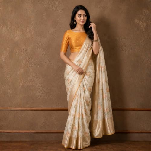 Image of Studio Shringaar Women Cotton Silk Silky Brocade Readymade Elbow Length Sleeves Saree Blouse Choli