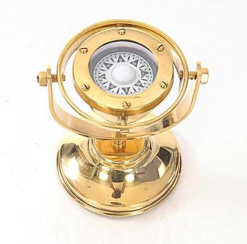 5" Brass Gimbals Nautical Fully Functional Directional Compass with Wooden Base Stand & Rotating Axis | Maritime Gift Decor with Multiple Colors (Gold with Out Base)