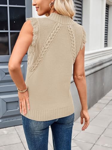 Image of Womens Summer Sleeveless Sweater Vest 2025 Mock Neck Cable Knit Fringe Cap Sleeve Boho Trendy Pullover Tank Tops