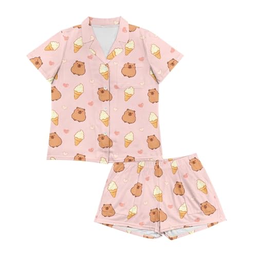 Image of Women's Short Sleeve Sleepwear Button 2 Piece Plus Size Pajamas Casual Soft Stretchy Funny Nightwear with Pockets