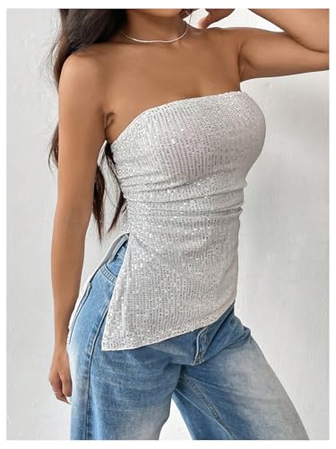 SweatyRocks Women's Glitter Sequin Strapless Tube Top Ruched Sleeveless Asymmetrical Bandeau Tops3