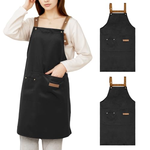 Daelesr 2 Pezzi Grembiule da Cucina Chef Donna Uomo, Grembiule da Lavoro Tela, Grembiuli Cameriere Barbecue Floreali Regolabile con 3 Tasche, Lavabile (Nero)
