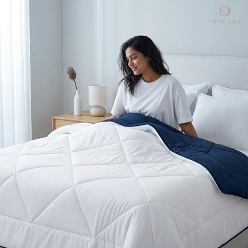 Image of Epicasa Reversible Comforter | 200 GSM Thermal Bonded Fill | 110 GSM Micro Peach Fabric | All Season AC Quilt | Diamond Quilted | Lightweight Duvet Blanket for Home Bedroom | Navy Blue & Pure White