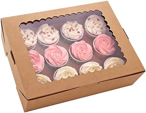 Tcoivs 6-Set Cupcake Boxes Hold 12 Standard Cupcakes, Brown Cupcake Containers with Windows and Inserts, Cupcake Carrier, Food Grade Kraft Cupcake Holders