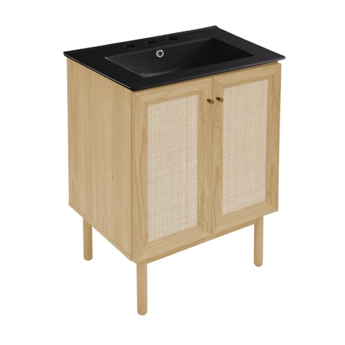 Image of Swiss Madison Classe 24 inch Freestanding Bathroom Vanity in Natural Oak with Black 3-Hole Centerset Sink Top