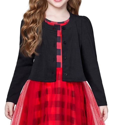 Arshiner Bolero Mädchen Festlich Schwarz Strickjacke Langarm Schulterjacke Lässiges Rundhals Strickpullover 140/9-10 Jahre