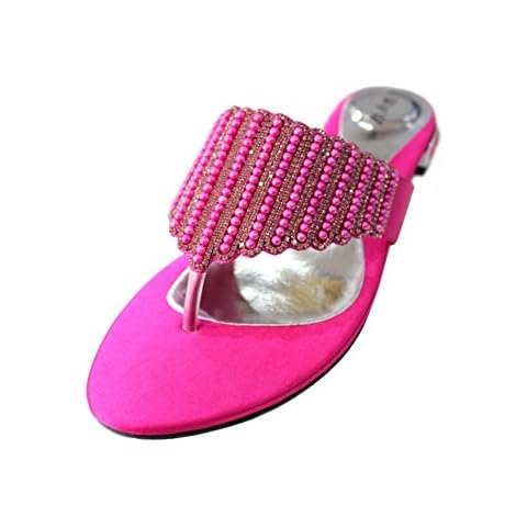 W & W-CORA- Womens Flat Diamante Toe Post Womens SPARKLEY Dressy Party Sandals(Black,Peach,Green,Shocking Pink,Maroon,Turquoise) Size 3-9 (9, Shocking Pink) Cover