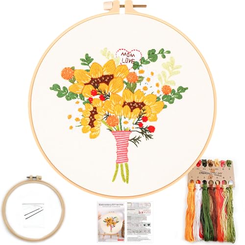Image of FONNUY Bouquet Flowers Embroidery Kit Love Mom for Beginners, Pre-Stamped Pattern Kits for Adults with Hoop, Easy to Follow Color Thread Needlework, 8'' Hoop (Sunflowers)