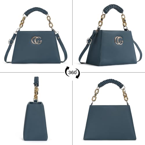 Image of Black Structured Handbag with Gold Chain Handle and Woven Crossbody Strap, Faux Leather