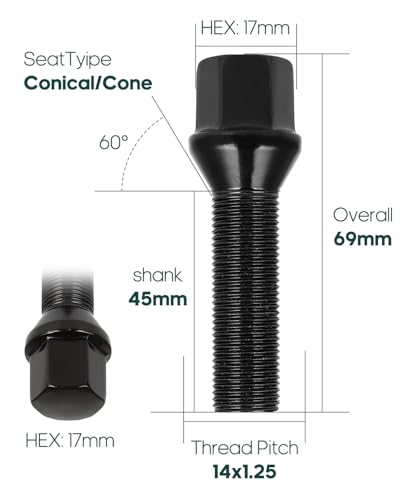Image of SCITOO M14x1.25 Lug Bolts 20PCS 45mm Shank Length Conical Seat Lug Nuts | 14x1.25 Black Wheel Studs Lug Nut Fit for 540i xDrive,for 550i,for 550i GT,for 550i GT xDrive,for 550i xDriv