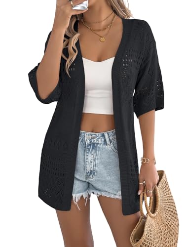 Image of Spicy Sandia Women's Loose Fit Short Sleeve Crochet Cardigan Sweaters for Summer