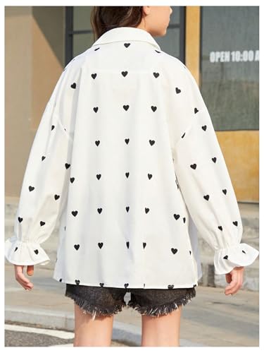 WDIRARA Girl's Heart Print Button Front Flounce Long Sleeve Shirt Blouse2