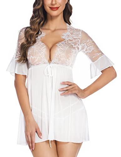 Avidlove Womens Lingerie Robe Women Lingerie Open Front Babydoll Lace Chemise Sleepwear Sheer Mesh Robe Lace Lingerie Robe White M #TOP22