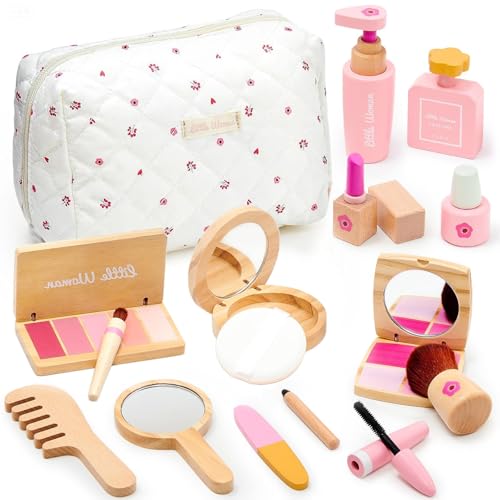 Treasdamic Wooden Makeup Toy Set for Girls - Pretend Play Makeup Kit for Toddlers 3-5 with Eyeshadow/ Mascara/ Perfume/ Blush/ Mirror/ Bag