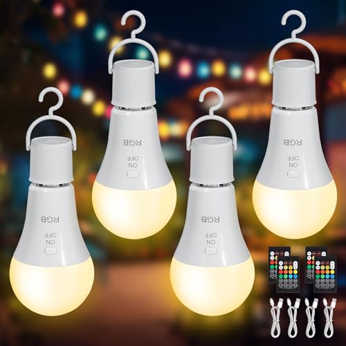 Kimjo Ampoule E27 Led, RGB Ampoule Rechargeable avec Telecommande Sans Fil Dimmable, USB C Batterie LED avec Fonction de Timing, 7W, 2000mAh, Lot de 4