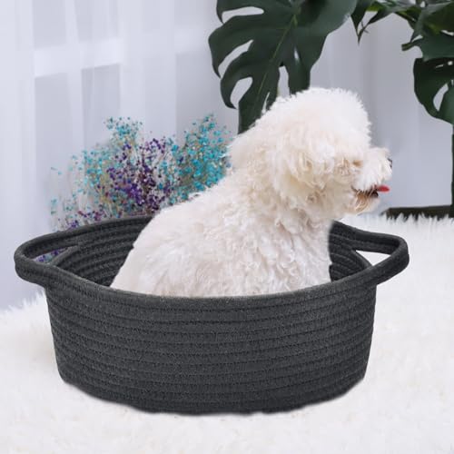 Image of ABenkle Small Basket with Handles, Boho Decorative Rope Woven Dog Cat Toy Storage Bin Shelf Storage Organizer, Easter Christmas Gift Basket, 12 inchx8 inchx5 inch, Black