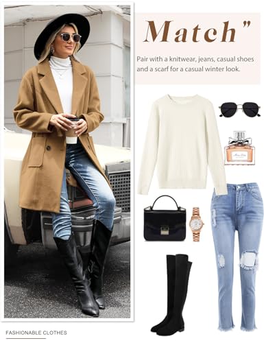 Yuson Girl Wintermantel Damen Langer Wollmantel Herbst Winter Klassischem Revers Coat Warmer Übergangsmantel Elegant Kurzmantel Einfarbig Jacke Outwear mit Doppelreihigen Knöpfen(Camel, S)