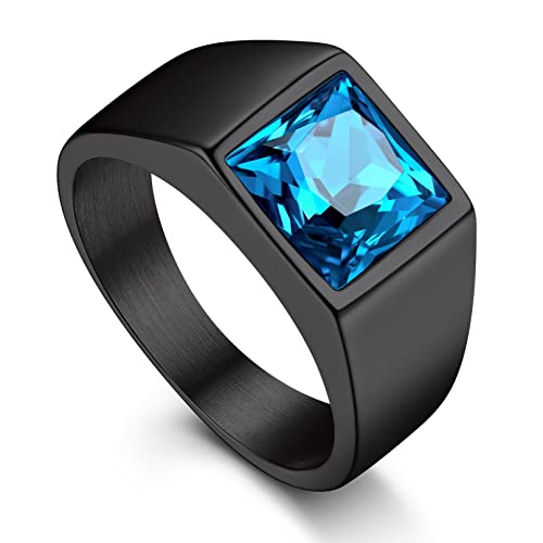Bague Solitaire Homme Noir anneau acier grosse pierre verre carrée bleu