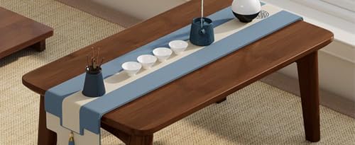 Kerluga Japanese Style Low Tea Table, Wooden Coffee Table with Blue and White Runner, Traditional Floor Table