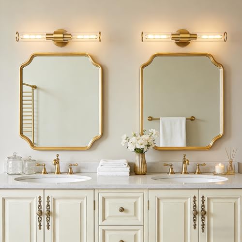 Image of Gold Wall Sconce 2 Pack Hardwired, Bathroom Light Fixtures Clear Glass Featuring Two E26 sockets, Vanity Lights Fixtures for Bathroom, Dimmable - Bulb Not Included, UL Certification