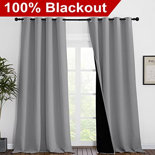 Image of NICETOWN 100% Blackout Blinds, Laundry Room Decor Window Treatment Curtains for Large Patio Sliding Door, Thermal Insulated Silver Grey Curtains for Bedroom, Set of 2, 55 inches x 102 inches