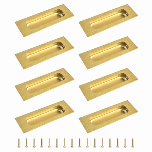 Image of MOROBOR 8pcs Square Brushed Gold Flush Handles Recessed Finger Pulls, 4.7 Inch Length Sliding Door Handles, Stainless Steel Cabinet Pulls for Wardrobe Drawer