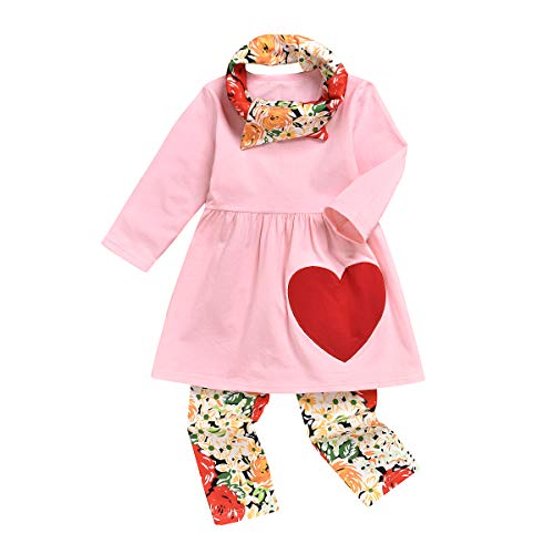 Lamuusaa Infant Kid Baby Girls Valentine's Day Outfits Long Sleeve Ruffled Top Dress Love Pants Leggings Set (Pink, 3-4Y)