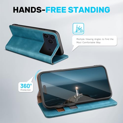 Étui en cuir premium pour iPhone 17 Pro avec protection RFID et clapet bleu