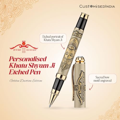 Image of Shree Khatu Shyam ji Pen | Baba Shyam ji Etched Pen | Brass Metal Pen of Khatoo Shyaam Baba | Premium Roller Metal Engraving Pen with Diamond Lid