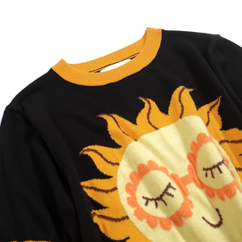 OXKnit Women's Black Retro Short Sleeve T-Shirts, Sunflower Pattern Crewneck Casual Knitted Tops3