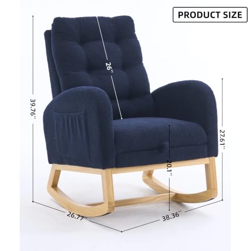 Image of Nursery Rocking Chair with Foot Rest, Teddy Upholstered Glider Chair with Side Pocket, Comfy Rocker Accent Armchair, Modern High Back Rocking Chairs for Living Room, Bedroom, Navy